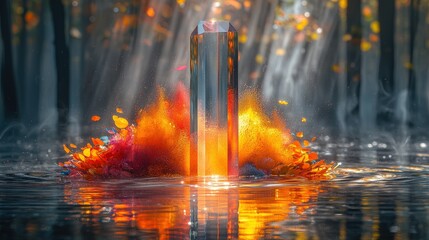 Majestic crystal obelisk amidst vibrant autumn foliage in enchanting forest setting