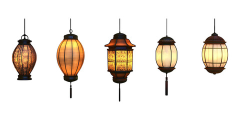 Traditional Asian lanterns glowing against a transparent background for festive and cultural designs © Asim