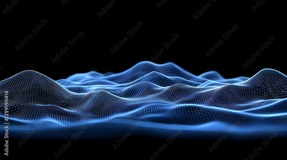 Poster abstract digital landscape in shades of blue representing network data visualization on black backgr