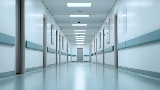 Long Hospital Corridor Interior View With White Walls Blue Handrails and Closed Doors