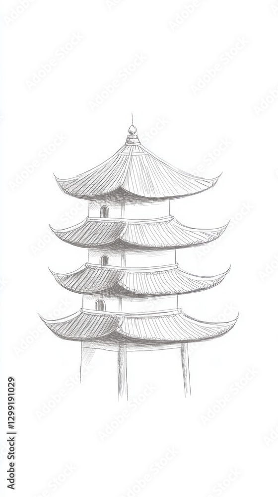 Poster sketch of a pagoda building design illustration in grayscale style with geometric details on a backg