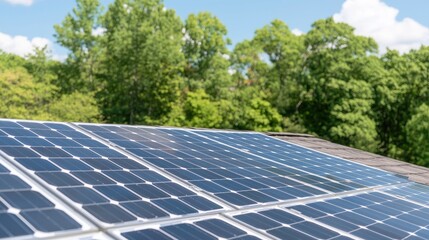 Solar panels on roof, green trees background, sustainable energy