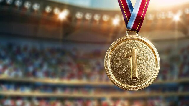 Close-up of a gold medal for first place, with a sports stadium in the background	