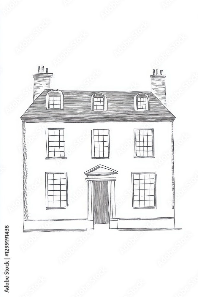 Poster sketch of a two story house with two chimneys's architectural drawing's facade view with classic des