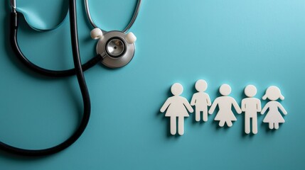 Aerial view of stethoscope on cyan surface with 3d family icons for health insurance concept