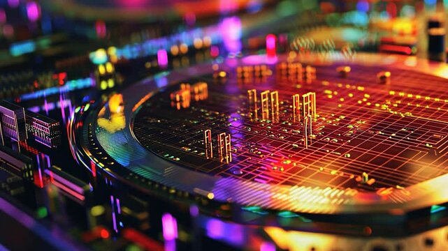 Colorful abstract representation of a digital circuit board with vibrant lights and patterns