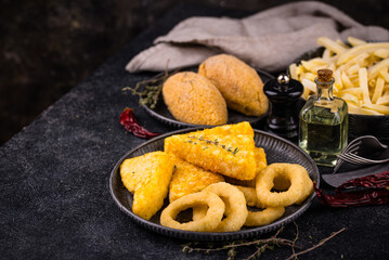 Frozen food assortment. Potato hashbrowns and french fries