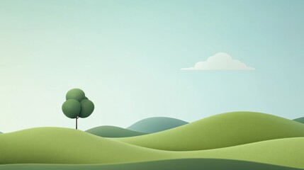 Fototapeta premium Minimalist landscape with lone tree and rolling hills under blue sky
