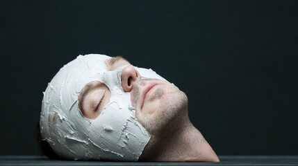 Naklejka premium Man with his face covered in a white plaster mask rests with closed eyes against a dark background.