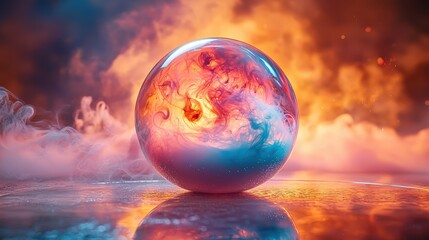 Vibrant sphere with abstract smoke effects amidst fiery background and reflective surface