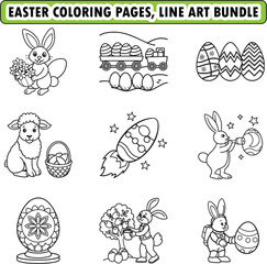 Easter coloring page, bold and easy coloring page, easter basket stuffer, digital Print, black and white line art vector, easter bunny egg and more coloring pages