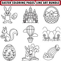 Easter coloring page, bold and easy coloring page, easter basket stuffer, digital Print, black and white line art vector, easter bunny egg and more coloring pages
