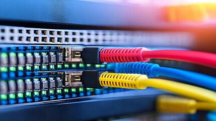 Network Server Rack with Red Yellow and Blue Cables Connecting Data Transferring with Green Lights