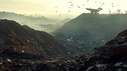 Mining dump site,  dusk,  birds flying,  mountains in background, environmental problem