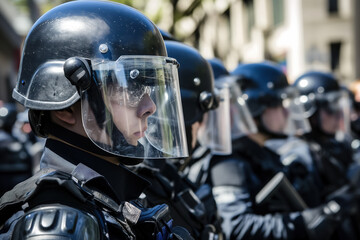 Young police officers in riot gear line on duty during urban protest