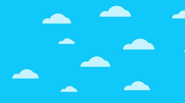 Flat animation of blue sky full of clouds moving right to left. Cartoon style Clouds background animation. Seamless loop.