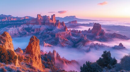 Majestic bryce canyon at sunrise with misty clouds and vibrant colors