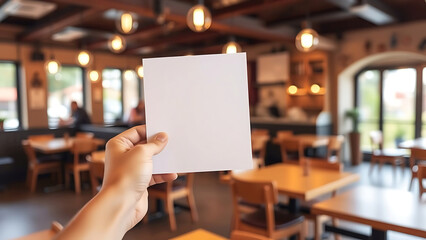 Hand holding blank white card in a cozy cafe, perfect for advertising, branding, and promotional mockups in a warm and inviting setting