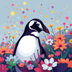 a penguin sitting in the middle of a field of flowers with a blue sky in the background