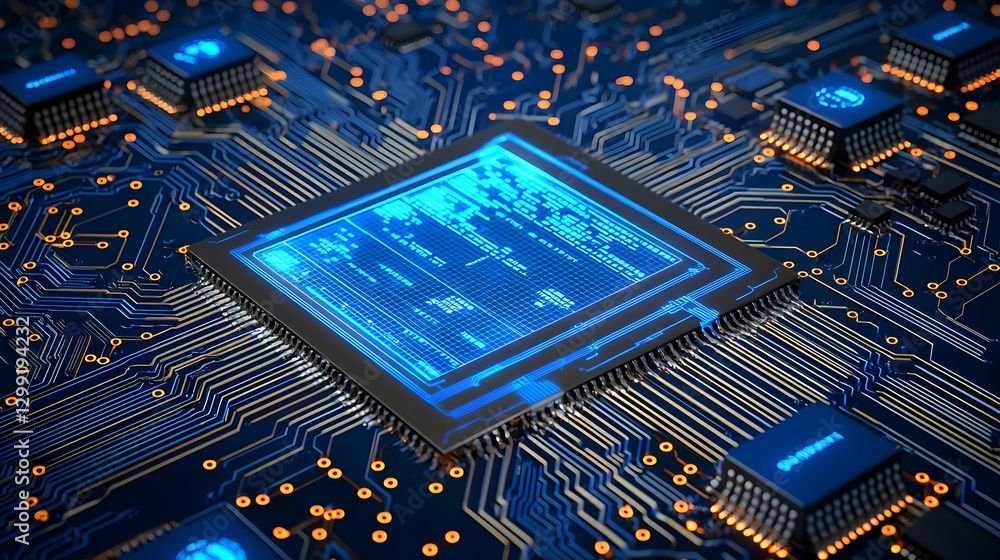 Poster blue glowing circuit board with central processor and microchips illustrating technology and digital