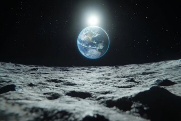Obraz premium Earth appearing as a bright blue and white marble hovering in the void, as seen from the moon's surface