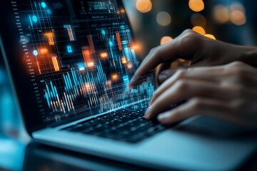 Businessman managing digital data and analytics with futuristic interface