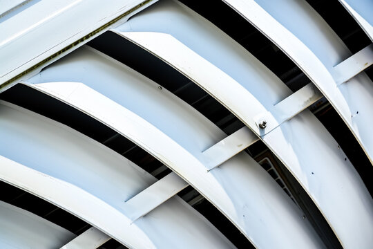 Close-up of modern architectural metallic louvers with industrial design elements