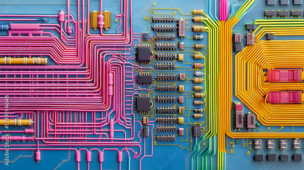 Poster detailed close up of a computer circuit board with integrated components and colorful wiring