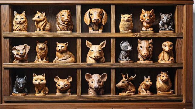 Collection of intricately carved wooden animal figurines displayed on a rustic shelf in a cozy setting