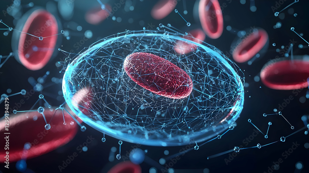 Poster abstract render of a single cell with internal structure and red blood cells against a dark blue bac
