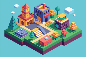 A charming village features diverse structures, trees, and pathways, set in a bright, whimsical style, Next option Customizable Isometric Illustration