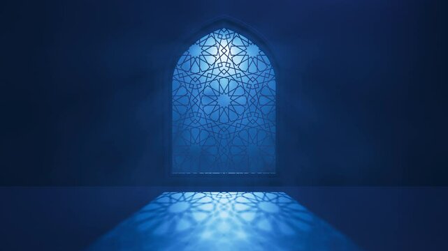 Moon light shine through the window into Islamic mosque interior. Ramadan Kareem Islamic motion background. 3d animation.