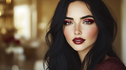 Woman with burgundy makeup in elegant interior