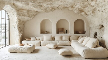 Fototapeta premium Cave-like living room with light beige furniture, overlooking a landscape. Ideal for interior design, real estate, and home decor