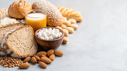 Bakery goods, nuts, and juice on grey surface. Food photography for recipe blogs