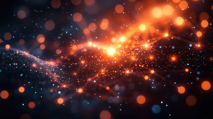 Fototapeta premium Abstract Network: A fiery digital landscape of interconnected nodes and glowing particles