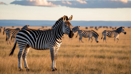 Obraz premium Graceful zebra in savanna, soft lighting enhancing its coat. Rolling plains and pale blue sky create a serene atmosphere. Ideal for nature visuals.