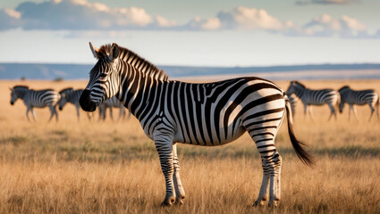 Naklejka premium Zebra standing in African savanna, bold stripes against golden grass. Blurred herd in the background. Perfect for wildlife photography.