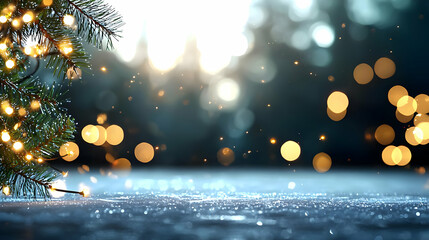 Christmas Tree Branch With Golden Lights And Bokeh Background