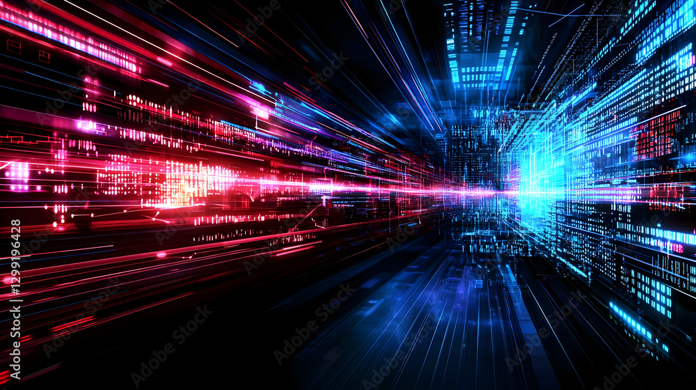 Poster abstract digital data flow visualization with red and blue lines and light effects on black backgrou