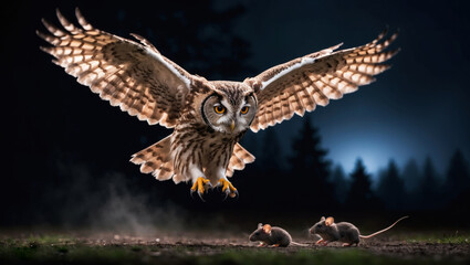 Obraz premium Owl in mid-flight, trying to capture prey under moonlight. Stark contrast between sharp focus and blurred forest. Ideal for wildlife visuals.