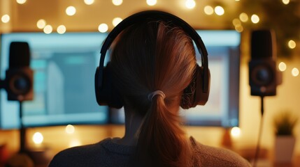 Young woman streaming with headphones in cozy ambient workspace
