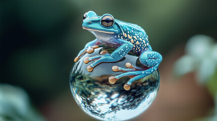 Royal blue frog with golden speckles on water droplet