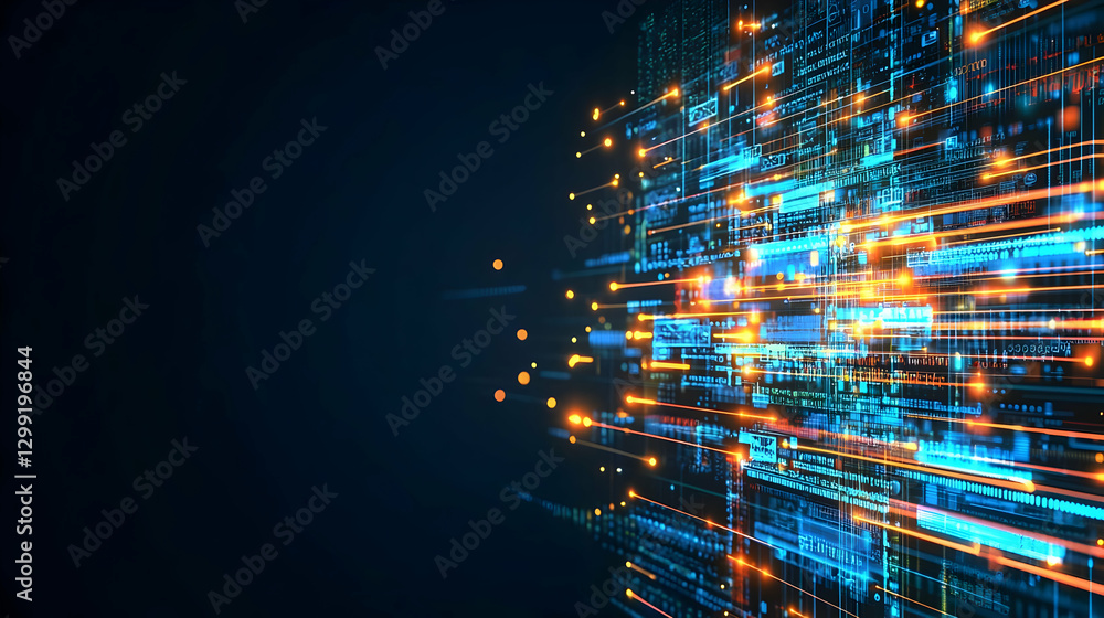 Poster abstract digital data visualization with blue and orange light trails over dark background