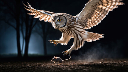 Owl swooping to catch prey at night, sharp talons and intricate feathers in focus. Moonlight illuminates the dramatic scene. Perfect for wildlife photography.