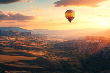 Fototapeta premium Breathtaking Hot Air Balloon Ride Over Cappadocia Sunset Landscape