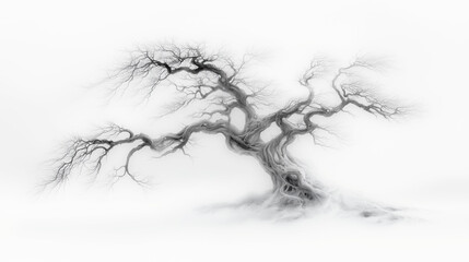 Fototapeta premium Twisted ancient tree with eerie roots in surreal misty white landscape