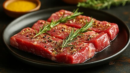 Premium Steak Cubes with Whole Peppercorns and Herbs on Black Board photo