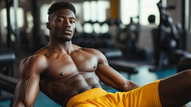 Muscle-bound individual holds an intense pose while working out in a well-equipped gym. The warm light creates an inspiring atmosphere, highlighting his dedication and focus on fitness