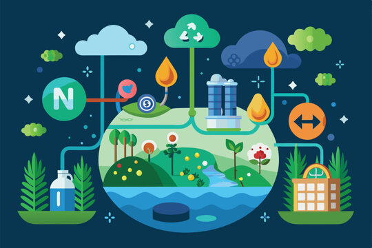 This diagram showcases the nitrogen cycle, highlighting essential processes within the ecosystem, Nitrogen cycle Customizable Flat Illustration